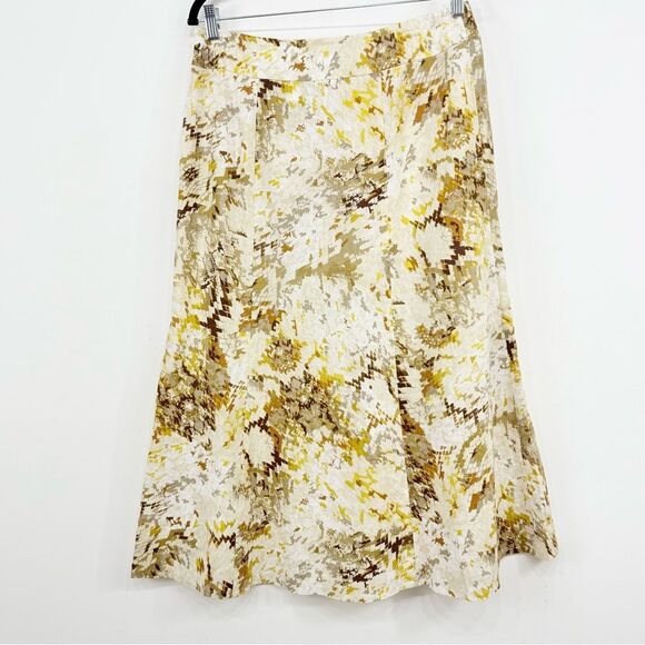 Kasper Cream Brown Yellow Abstract Reptile Linen Blend A Line Midi Skirt - Picture 1 of 14
